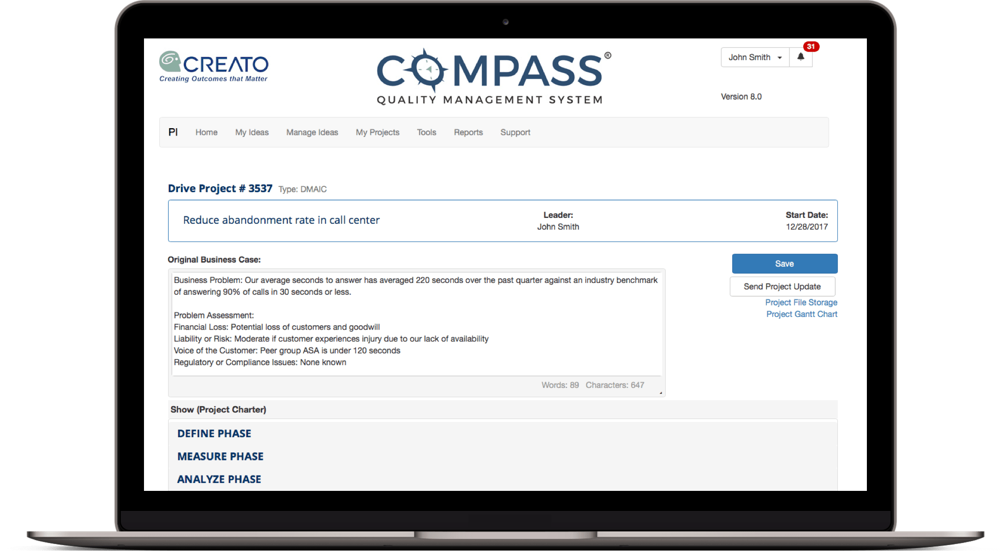 Screenshot of Compass Quality Management System  drive project screen
