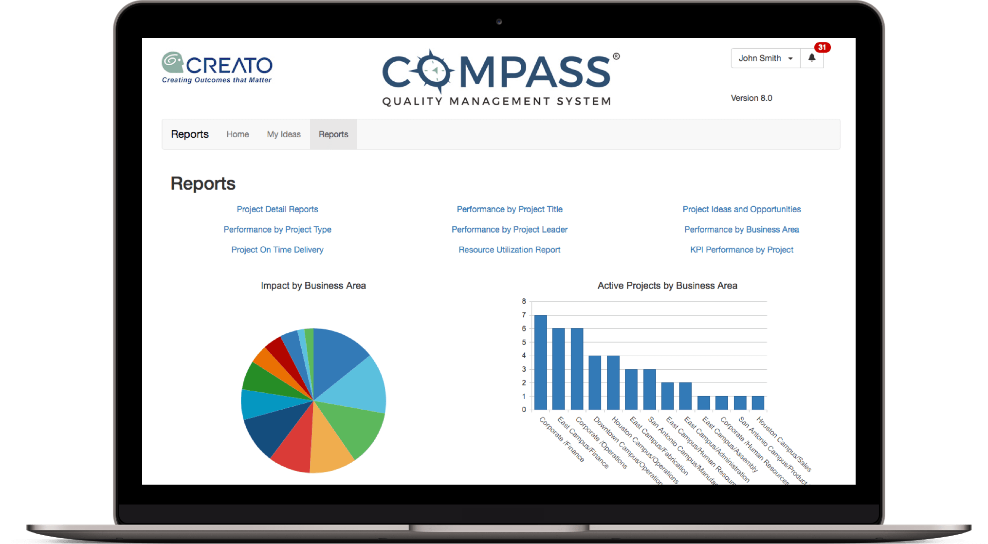 Screenshot of Compass Quality Management System  reporting screen